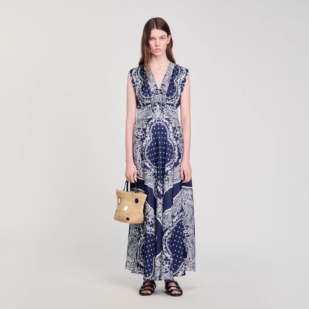 Sandro Navy and White Bandana Print Maxi